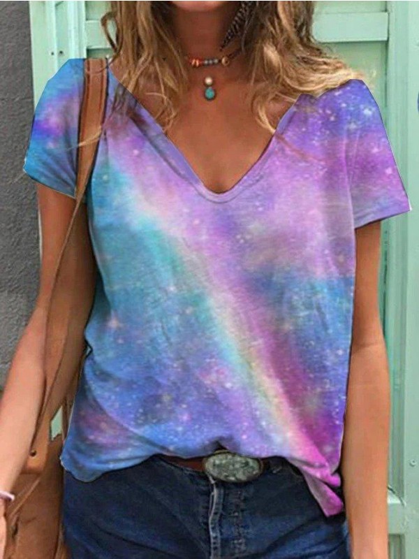 Purple Short Sleeve V Neck Casual Shirts & Tops