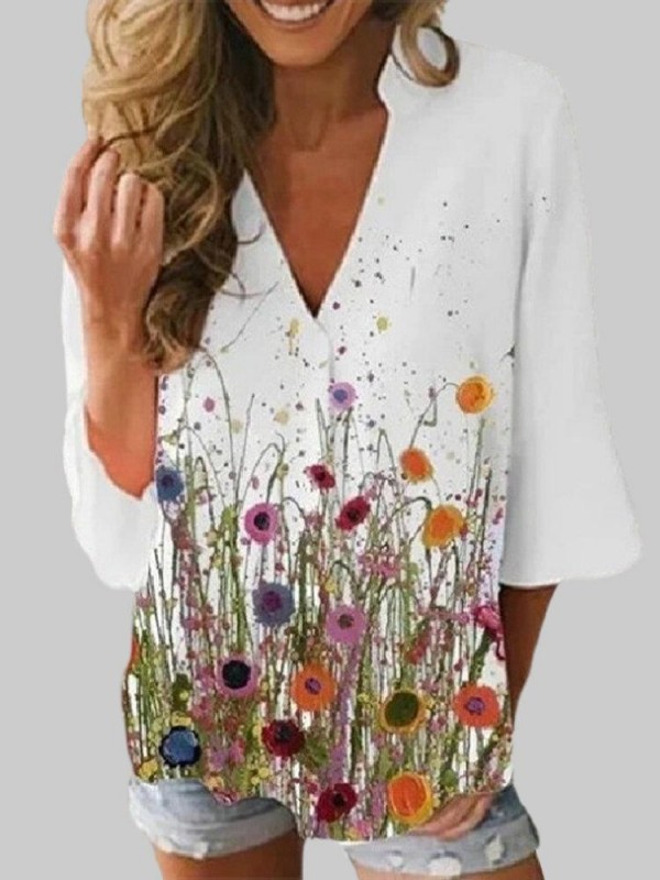 Flower Print Vneck 3/4 Sleeve Casual Blouse For Women