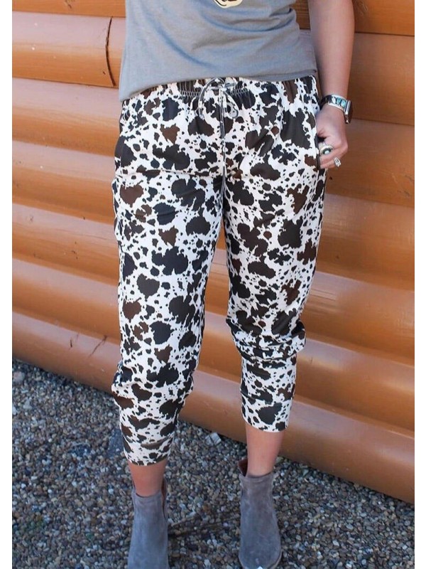 Cow Drawstring Pocket High Waist Pants