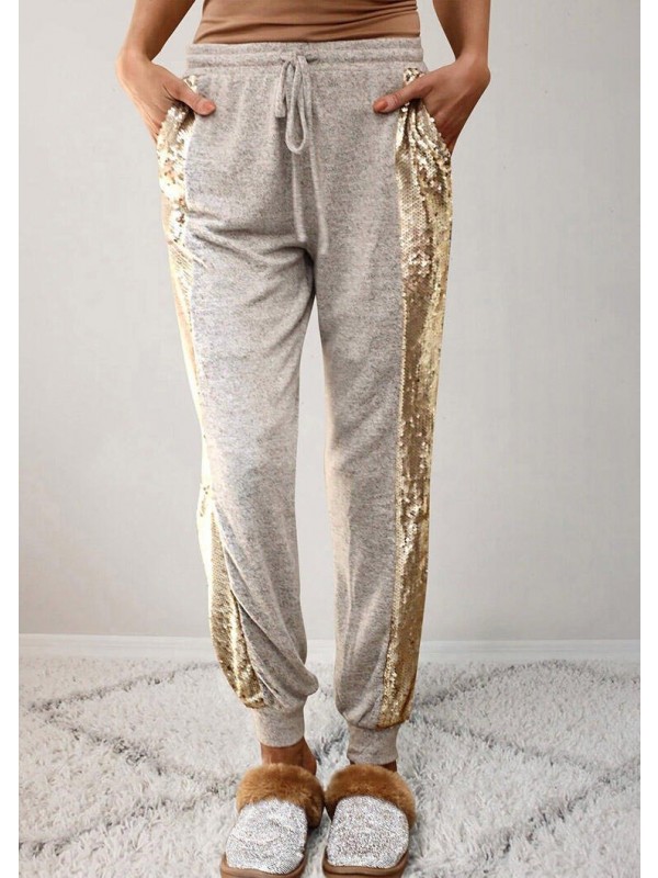 Sequined Splicing Drawstring Elastic Waist Pants