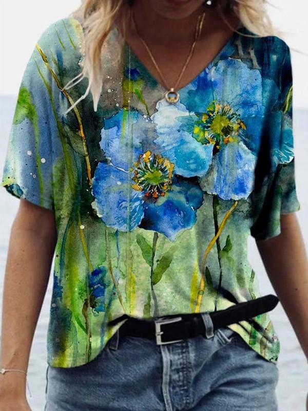 Colorful Flower Painting Short Sleeve Casual Shirts & Tops