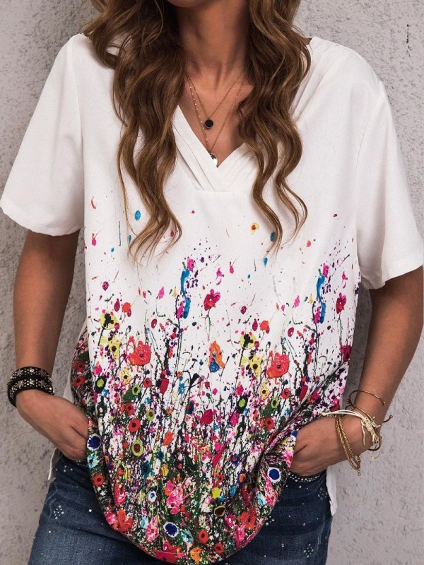 FloralPrint CottonBlend Casual V Neck Shirts & Tops