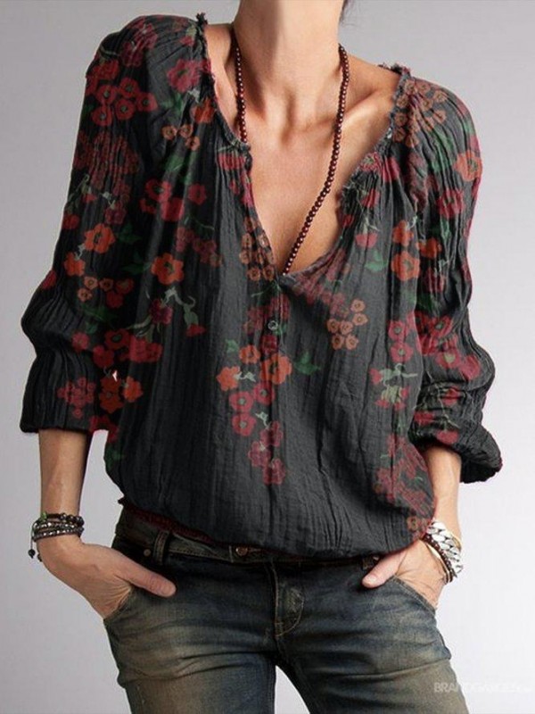 Floral CottonBlend Long Sleeve V Neck Casual Blouse
