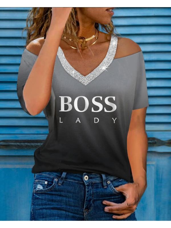 Cold Shoulder Studded Letter Print Short Sleeve Top1