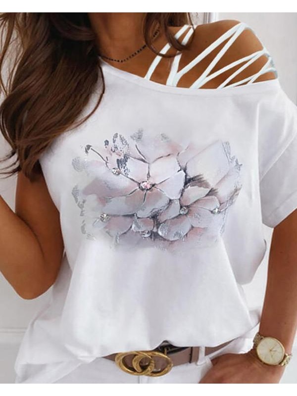 Letter Print One Shoulder Laceup Cutout Tshirt12