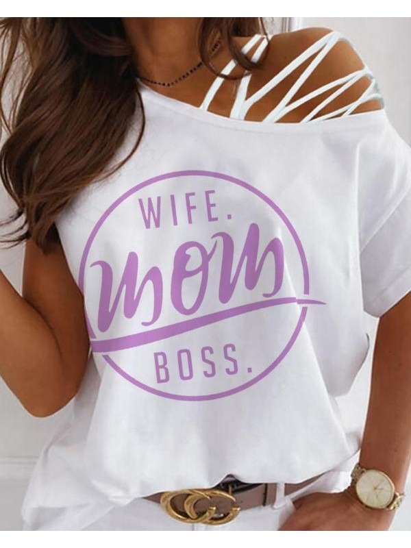Letter Print One Shoulder Laceup Cutout Tshirt13