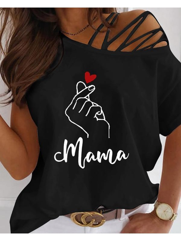 Letter Print One Shoulder Laceup Cutout Tshirt3