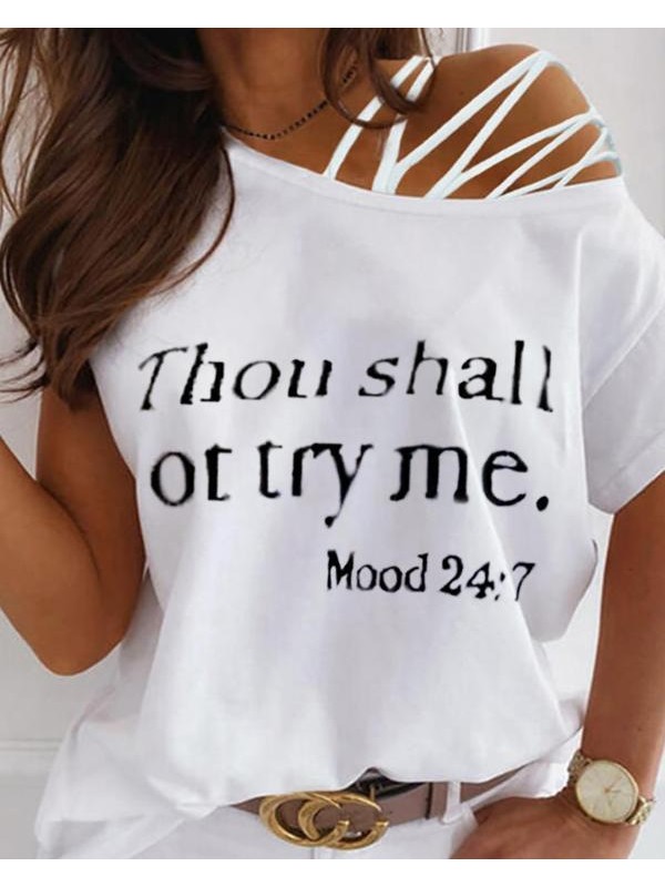 Letter Print One Shoulder Laceup Cutout Tshirt5