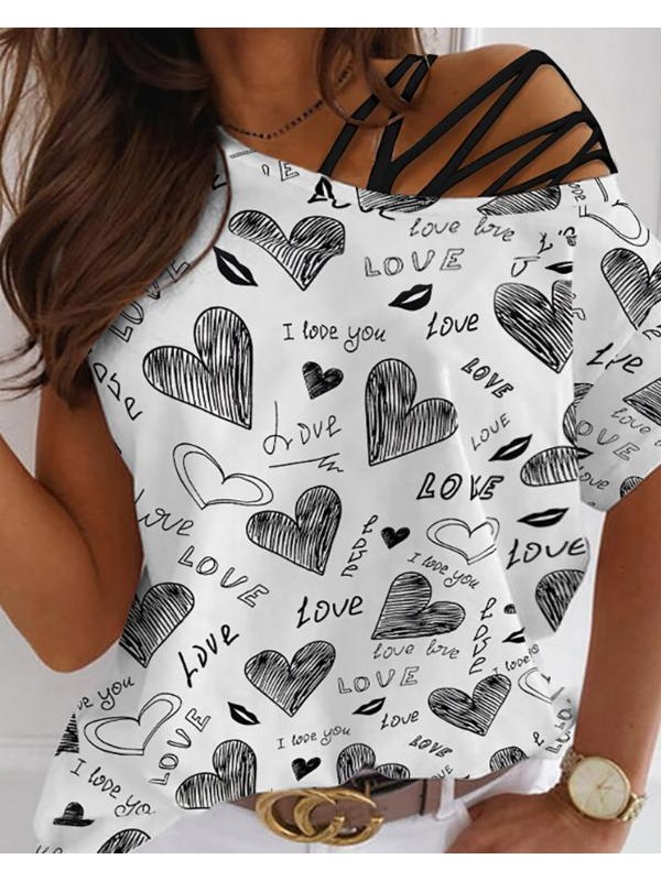 Letter Print One Shoulder Laceup Cutout Tshirt7