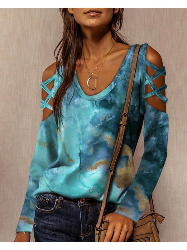 Tie Dye Print Bandage Cutout Cold Shoulder Top