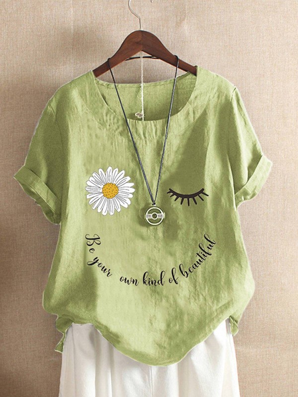 Women Daisy Letter Print Crew Neck Tshirts