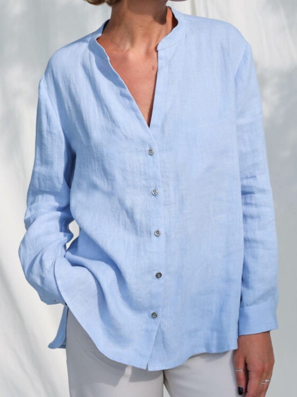Pure Color Cotton And Linen Casual Longsleeved Blouse