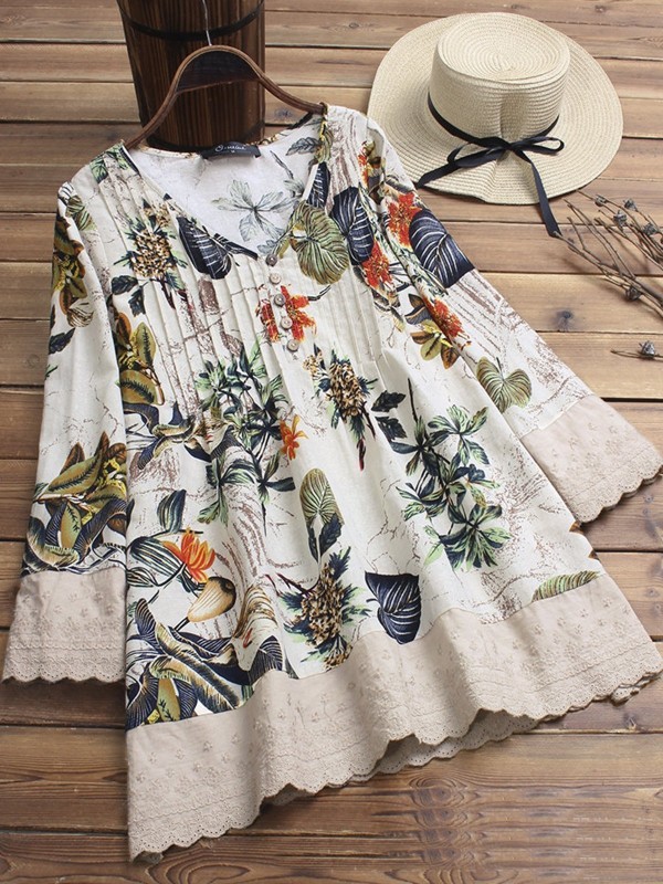 Floral Printed Vneck Long Sleeve Shirt