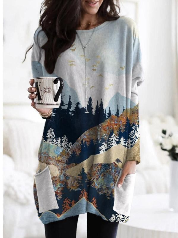 Ladies Mountain Treetop Print Pocket Top