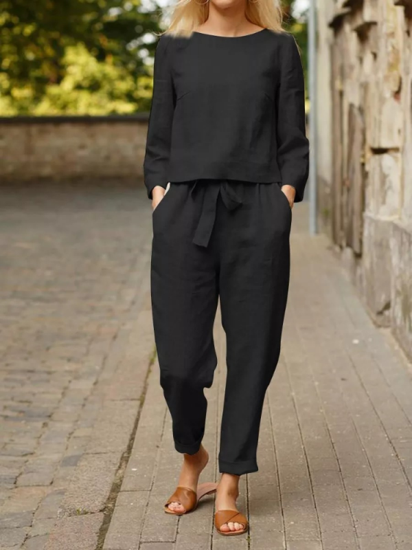 AUTUMN SOLID COLOR TOP AND TIE TROUSERS SUIT