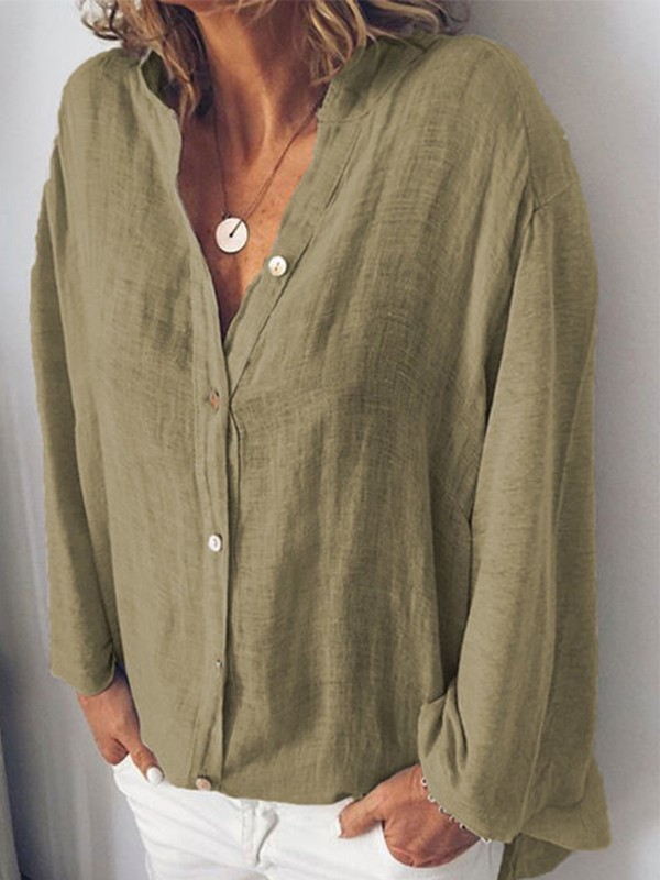 CottonBlend Sweet Long Sleeve V Neck Blouse
