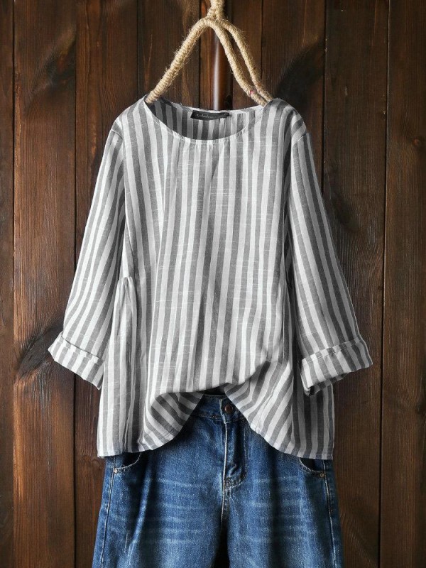 Vertical Striped Long Sleeve Crew Neck Shirt