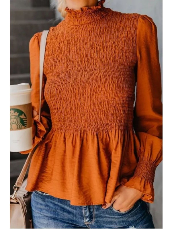 Babydoll Fold Design Ruffled Smocked Blouse