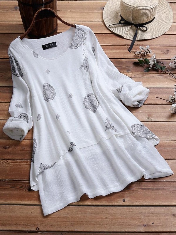 Ethnic Print Patch Long Sleeve Crew Neck Blouse