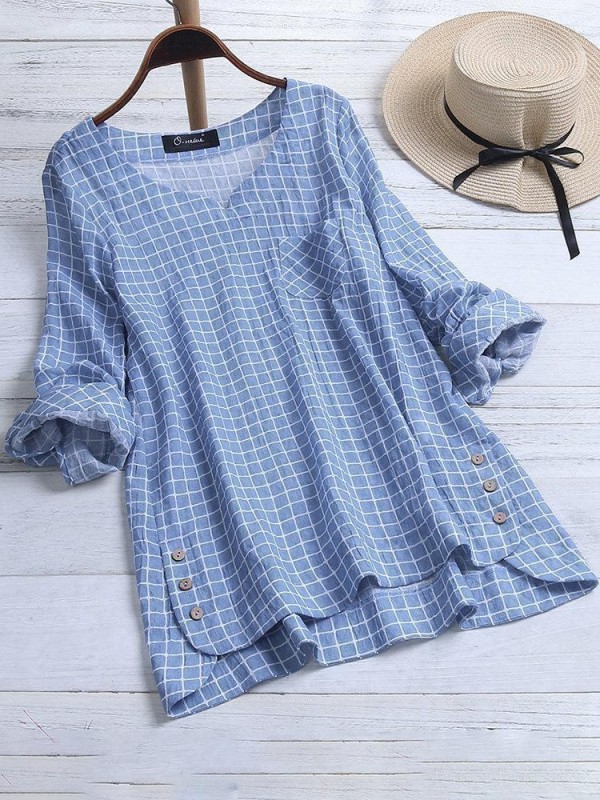 Casual Plaid Irregular Hem Button Long Sleeve Plus Size Blouse