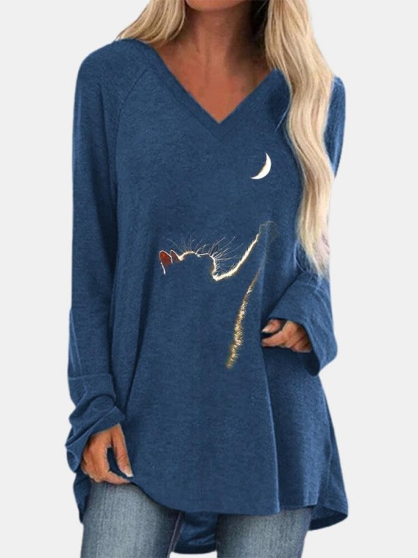 Cat Print Long Sleeves Vneck Casual Tshirt For Women