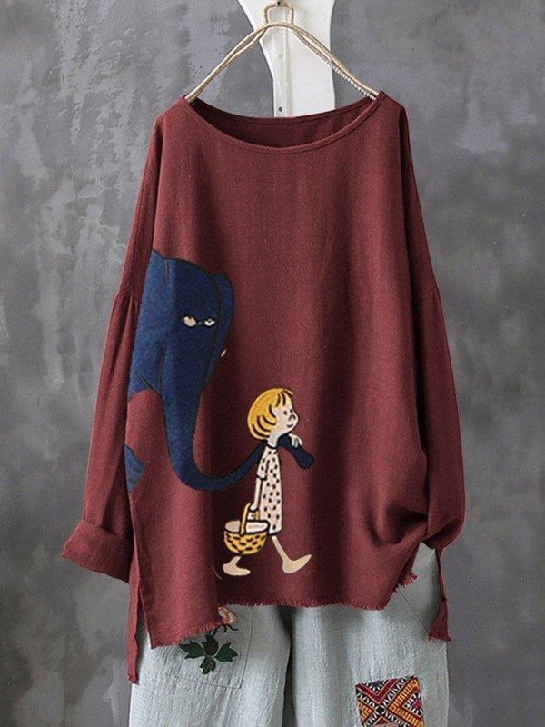Print Cartoon Elephant Irregular Plus Size Tshirt