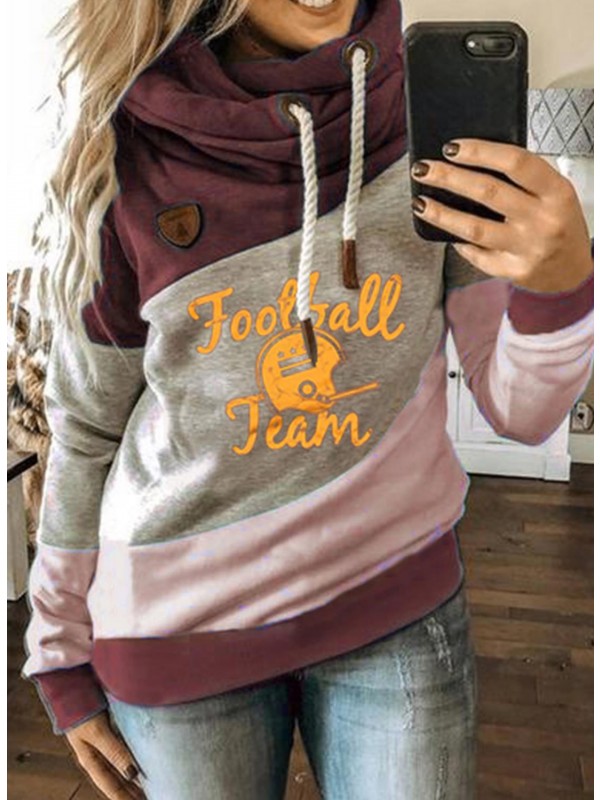 Women's Sweatshirts Letter Ball Print Color Block Long Sleeve Turtleneck Sweatshirt