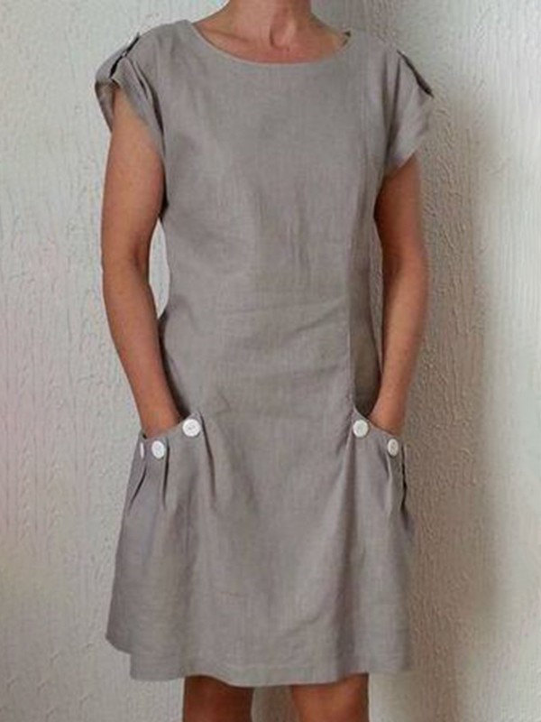 Casual Linen Dress Short Sleeve Pockets Buttoned Mini Dresses