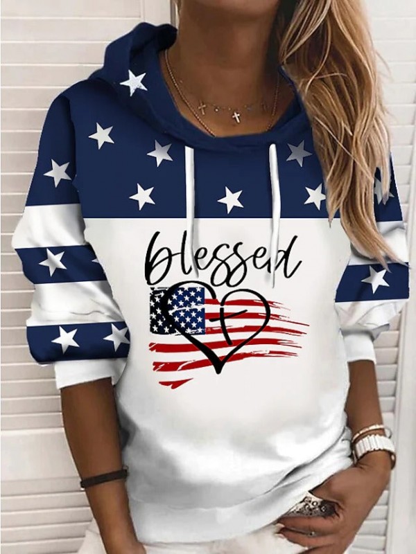 Women's Hoodie Sweatshirt Heart American US Flag Text Print Casual Sports 3D Print Active Streetwear Hoodies Sweatshirts