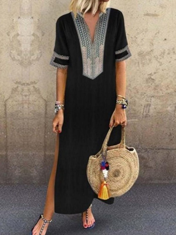 V neck Shift Women Daily Statement Half Sleeve Slit Solid Maxi Dress
