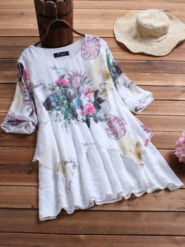 Vintage Patchwork Print Fake TwoPiece Half Sleeve Plus Size Blouse