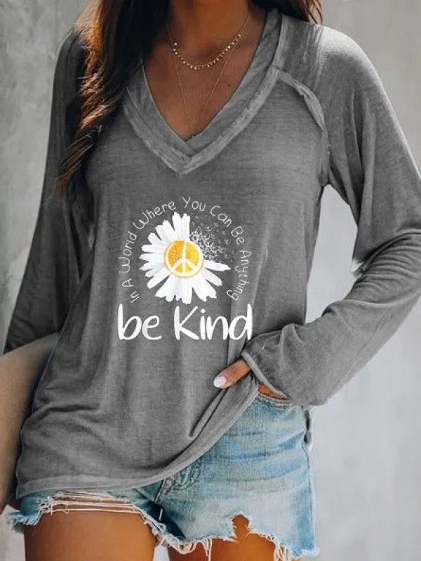 Casual V neck Long Sleeve Printed Tshirt