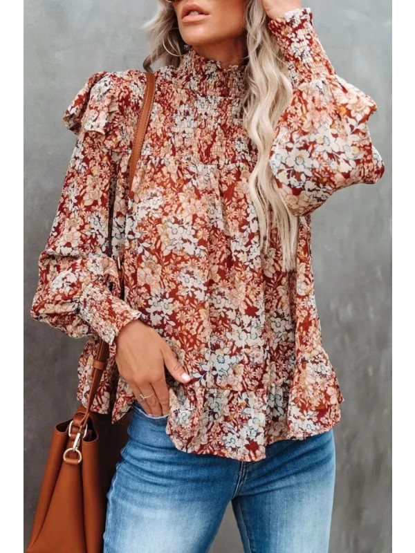 Floral Print Ruffled Orange Metallic Smocked Blouse