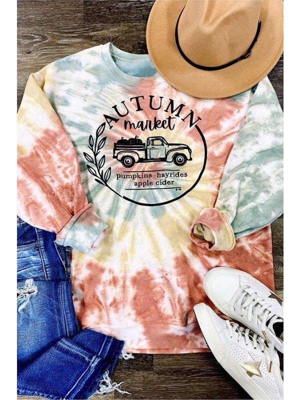 Colorful Letter Print Tie Dye Round Neck Sweatshirt