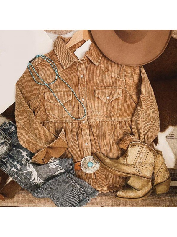 Corduroy Buttoned Pleated Top
