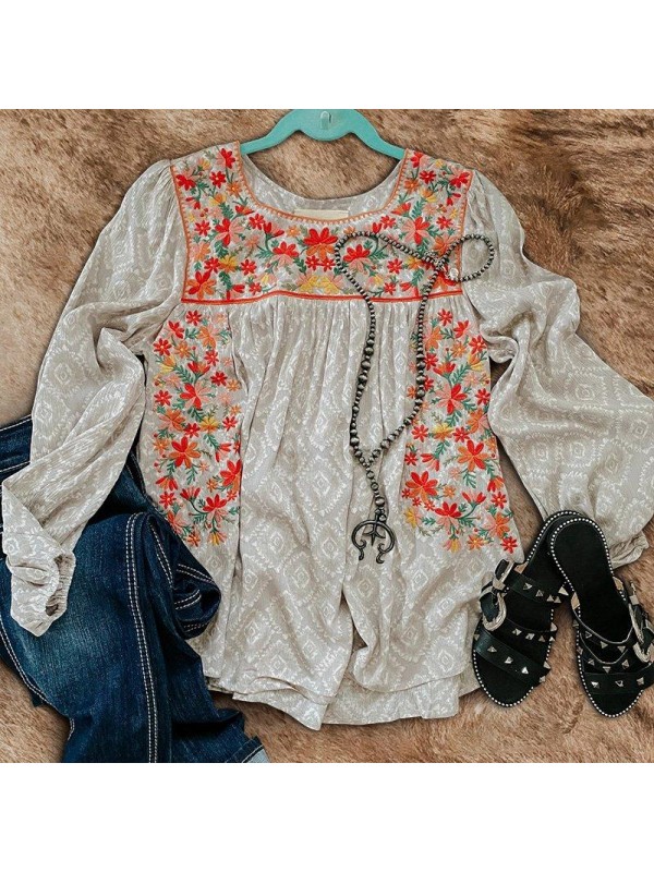 Casual Aztec Floral Pattern Blouse