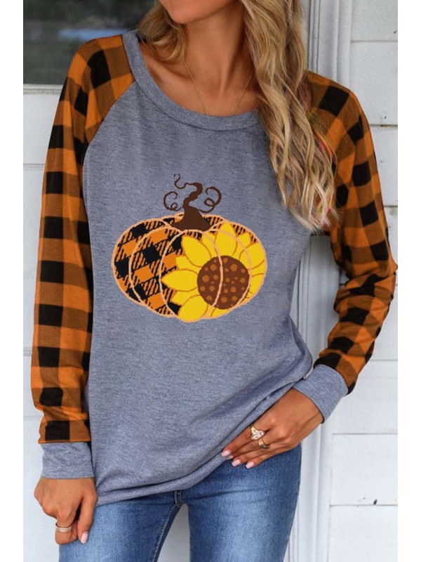 Women's Tshirts Plaid Pumpkin Print Tshirt