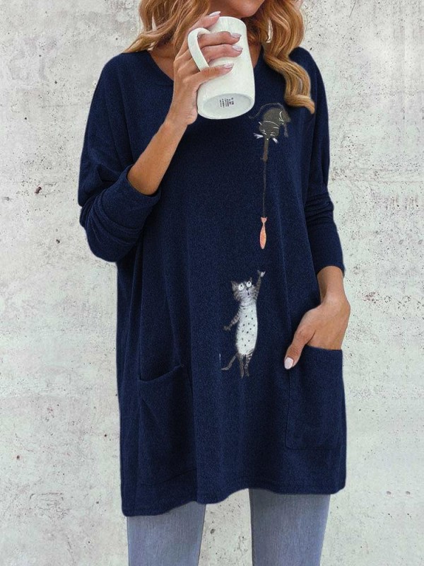 Cartoon Cat Print Pockets Long Sleeve Loose Blouse For Women