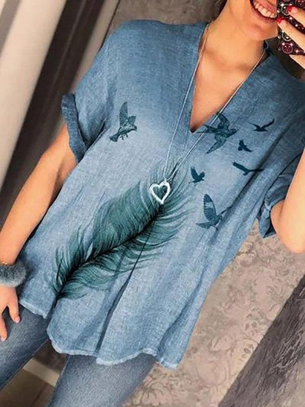 Casual Print Feather Vneck Short Sleeve Overhead Blouse