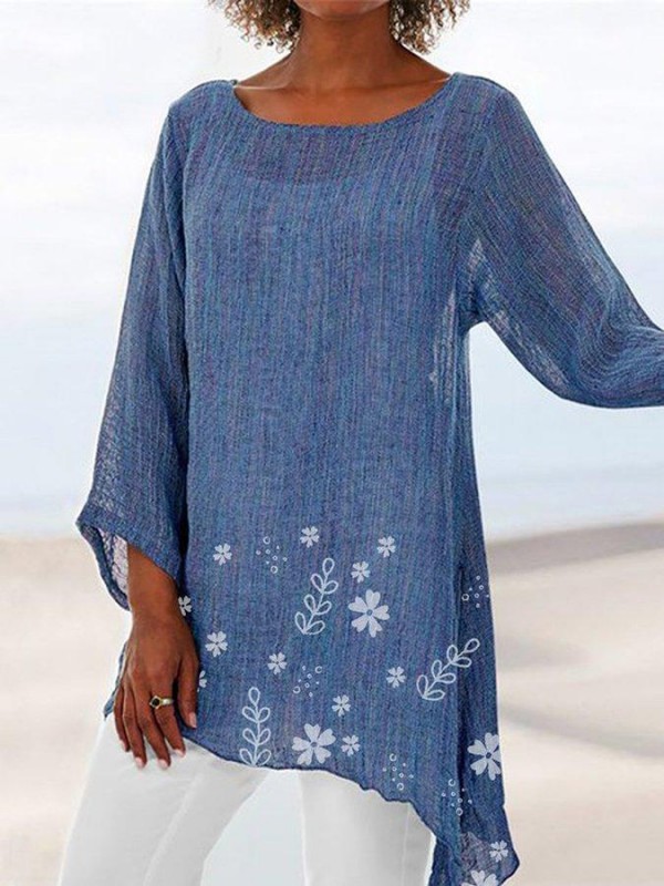 Women Casual Vintage Floral Print Cotton Linen Shirt