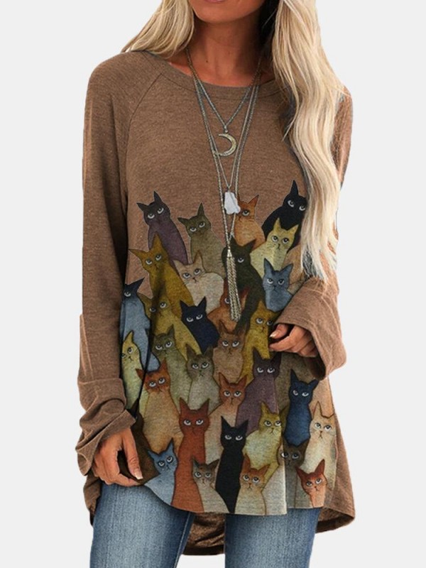 Cartoon Cat Print Oneck Long Tshirt For Women