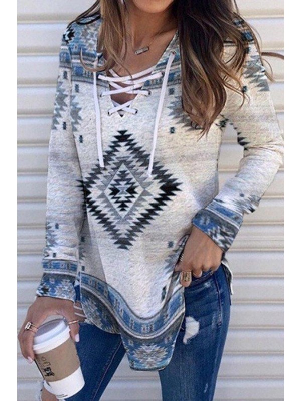 Ethnic Print Vneck Tie Top