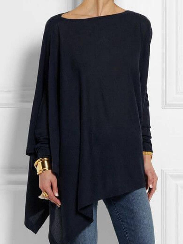 Navy Blue Round Neck Long Sleeve CottonBlend Shirts & Tops
