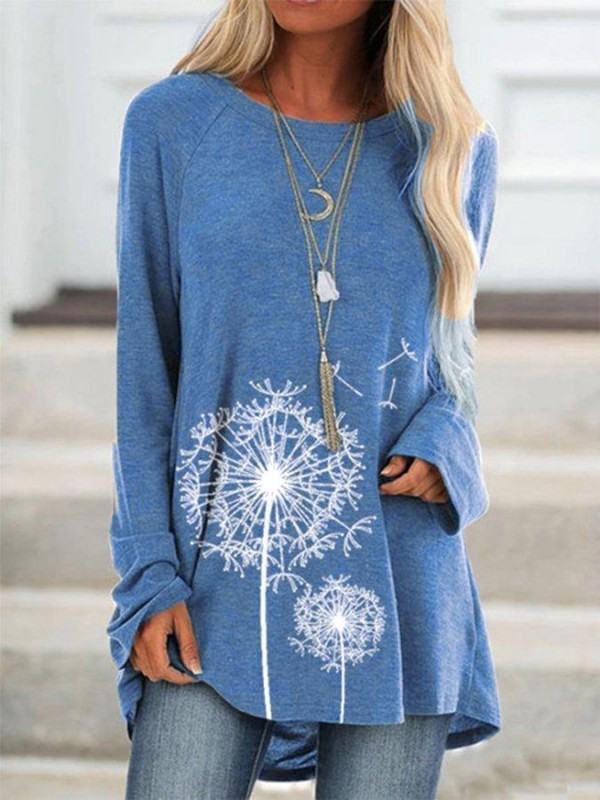 Crew Neck Floral Long Sleeve Shirts & Tops
