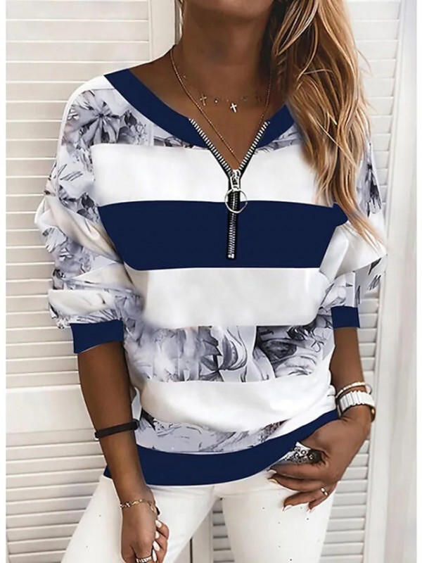 Women's Daily Blouse Shirt Striped Color Block Long Sleeve Print V Neck Tops Loose Blue Pink Yellow