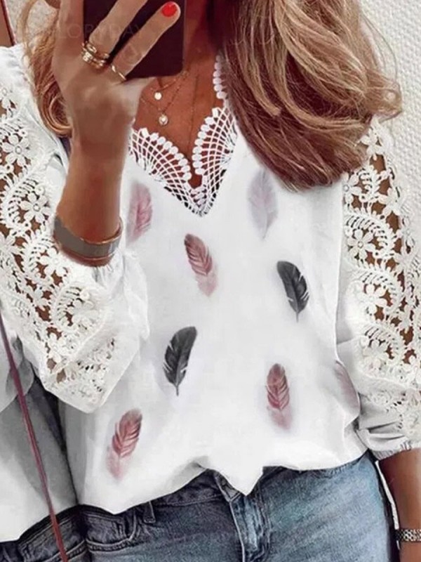 Feather Printed V Neck Shift Casual Long Sleeve Shirts & Tops