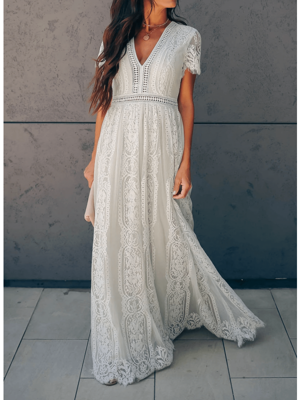 V Neck Short Sleeve Lace Maxi Dress
