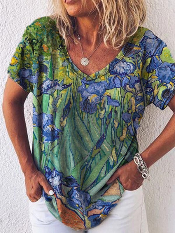 Irises Print Round Neck Short Sleeves Tshirt