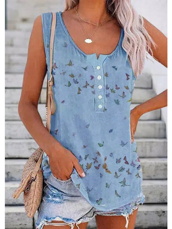 Butterfly Print Round Neck Sleeveless Tank Tops