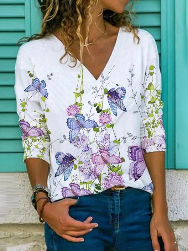 Butterfly Print Vneck Long Sleeves Tops